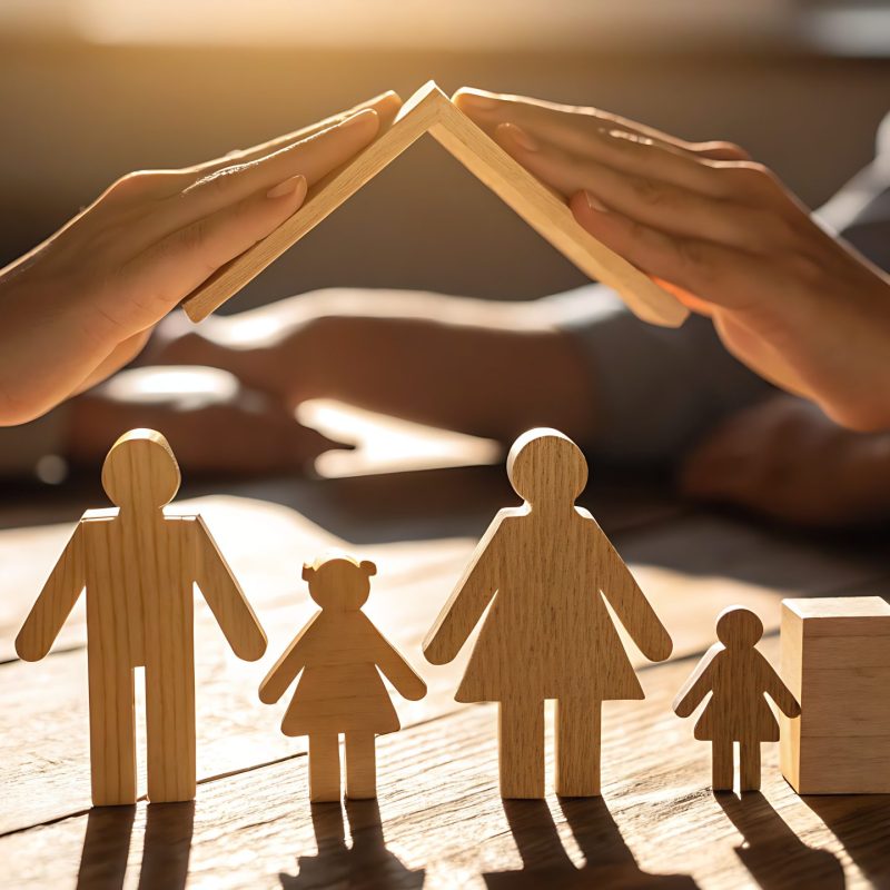 Photo of two hands gently create a houselike structure over a wooden family, representing family care and security Photo of two hands gently create a houselike structure over a wooden family, representing family care and security