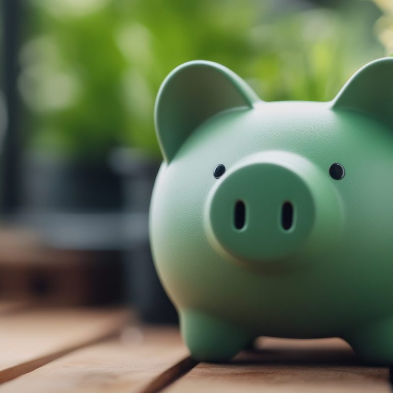 Green Piggy Bank Surrounded by Plants on a Wooden Table in Bright Natural Light A charming green piggy bank sits on a wooden table, surrounded by lush plants, symbolizing growth and financial stability in a serene environment.
